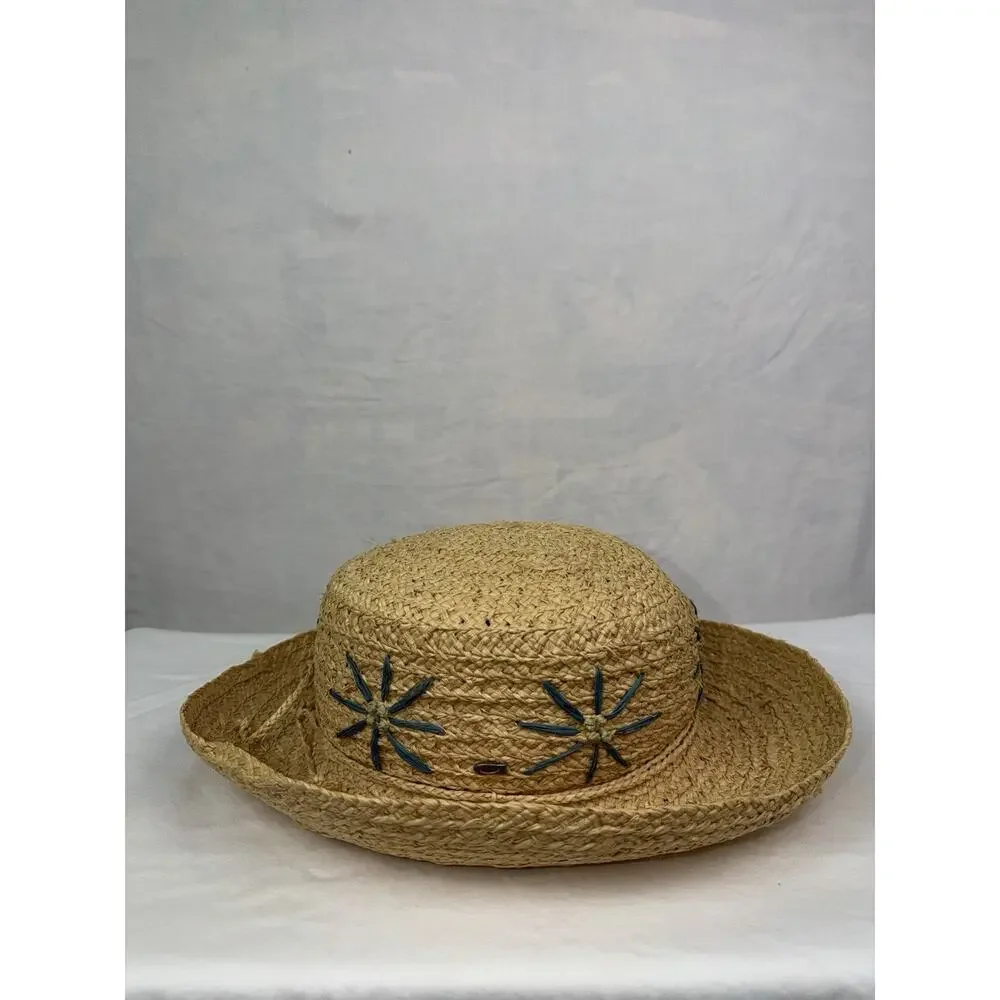 Vintage Natural Straw Sun Hat Wide Brim Floral Raffia Beach Boho Cottagecore - Picture 2 of 9